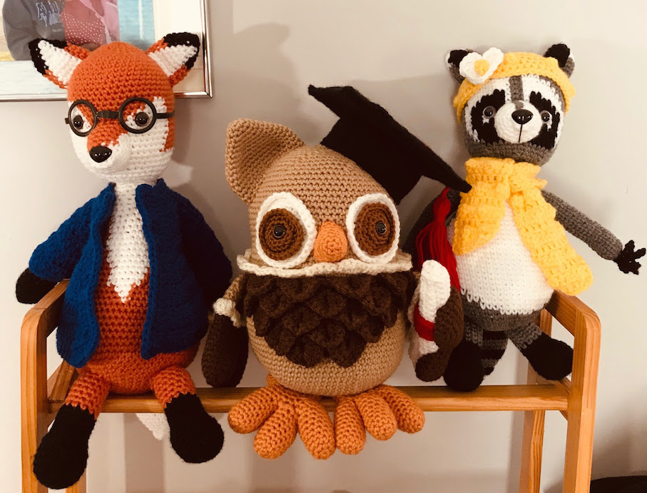 crocheted fox, owl and raccoon