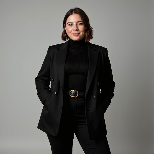 woman standing wearing a black shirt, jacket and pants